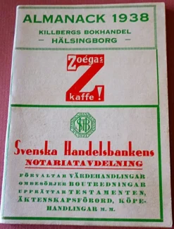 Tradera Hälsingborg Almanacka från året 1938, Med annons reklamer Hälsingborg inne m.m.> Almanackor & Kalendrar