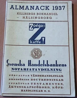 Tradera Hälsingborg Almanacka från året 1937, Med annons reklamer Hälsingborg inne m.m.> Almanackor & Kalendrar