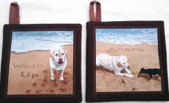 Tradera Hundar på stranden. Grytlappar. Handgjorda, välsydda, stora. Bra kvalitet^ Inredning & Hushåll