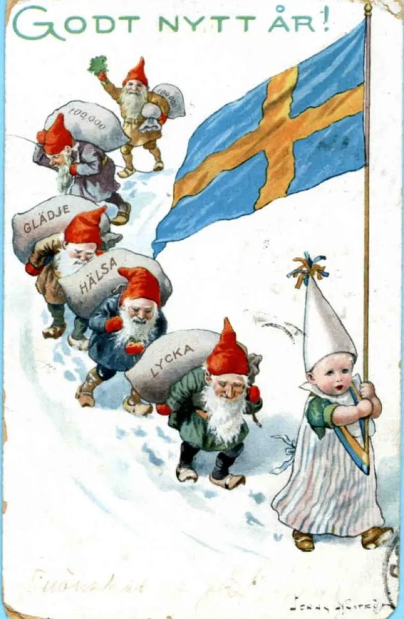Tradera Allmänna Motiv<Jenny Nyström - Godt Nytt År - Barn med svensk flagga och tomtar i rad - 1908