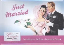 Tradera Just Married - Vykort i plåt - PlåtVykort^ Bröllopsdukning & Dekorationer