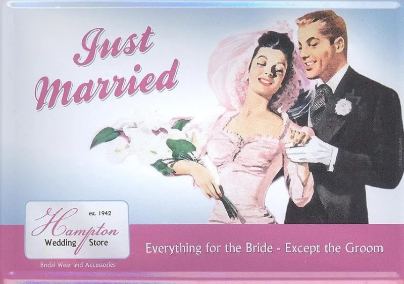 Tradera Just Married - Vykort i plåt - PlåtVykort^ Bröllopsdukning & Dekorationer