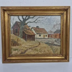 Tradera Karl Örbo - Gårdsmotiv - Oljemålning på pannå - Tavla^ Måleri