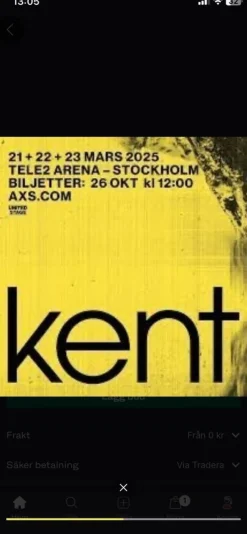 Tradera Kent, 1 sittplats, B310, rad 2, torsdagen den 27e mars!> Konserter