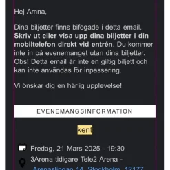 Tradera Kent Biljett Ståplats 1 st (21 mars 2025)> Konserter