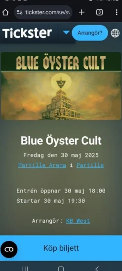 Tradera Konsertbiljett 1 st sittplats till Blue Öyster Cult 30 maj 2025 Partille Arena> Konserter
