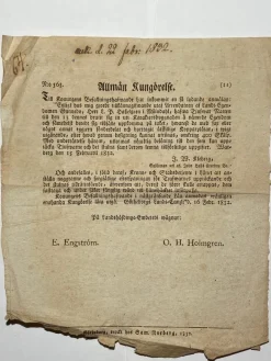 Tradera Koppartjuvar på Gunnebo Mölndal. Kungörelse 1832> Antik Litteratur