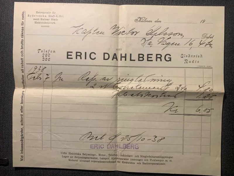 Tradera Kvitto från Eric Dahlberg elektrisk radio i Kalmar 1938^ Fraktsedlar & Fakturor