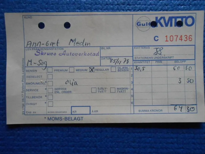 Tradera Kvitto Gulf bensinstation 1978 Skruvs Autoverkstad^ Bensinia