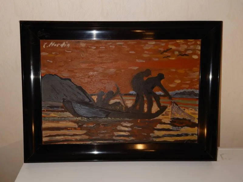 Tradera L. Nordin, Äldre tempera på pannå, Fiskare vid Höga Kusten, Vintage painting.^ Måleri