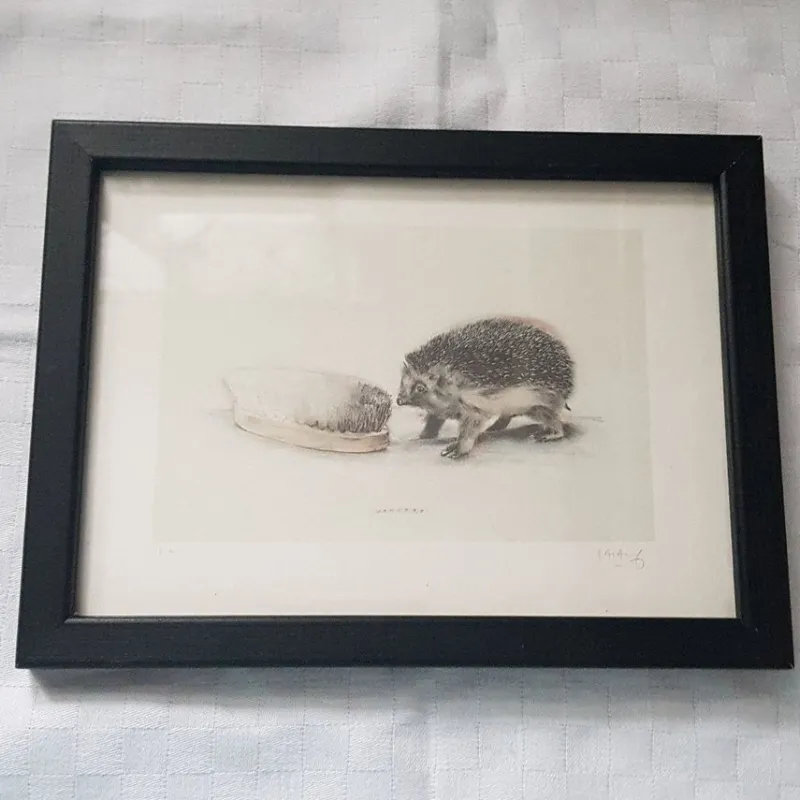 Tradera Lasse Åberg, Tryckt bild med igelkott i svart ram.Ca 20x15 cm.> Övrig Antik & Design