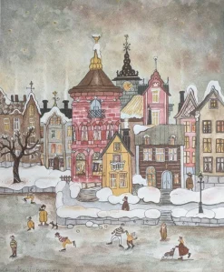 Tradera Litografi av Marit Björnegran - Vinterstad^ Grafik & Teckningar