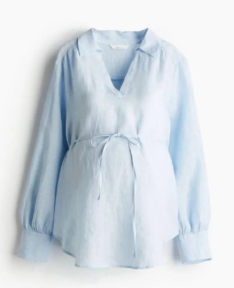 Tradera Ljusblå linneskjorta gravid^ Mammakläder