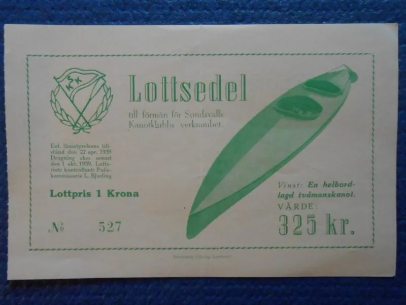 Tradera Lotter & Lottsedlar<Lottsedel Sundsvall Kanotklubb 1939. Max Anderssons kanotbyggeri Västerås