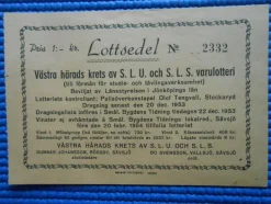 Tradera Lotter & Lottsedlar<Lottsedel Västra Härads krets av S.L.U och S.L.S varulotteri 1953