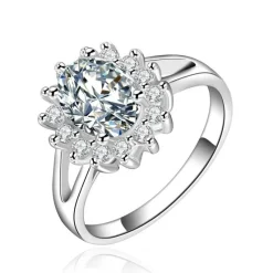 Tradera Ringar<Lyxig Silver Ring - Blomma med Stor Oval CZ Kristall - Silverpläterad - Stl 18,2
