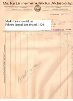 Tradera Fraktsedlar & Fakturor<Marks Linnemanufaktur Aktiebolag Faktura 10 april 1920 Varberg Horred Kungsäter