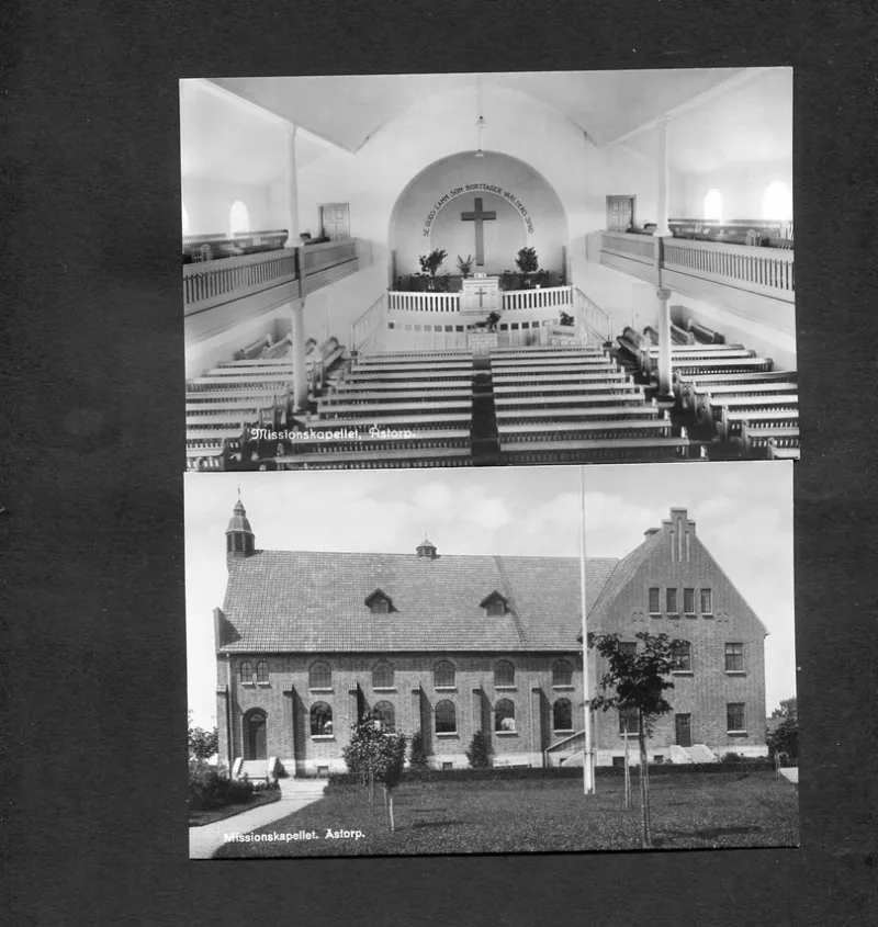 Tradera Svenska Landskap<Missionskapellet Åstorp Exteriör och interiör 2vykort gissar 1930-40tal