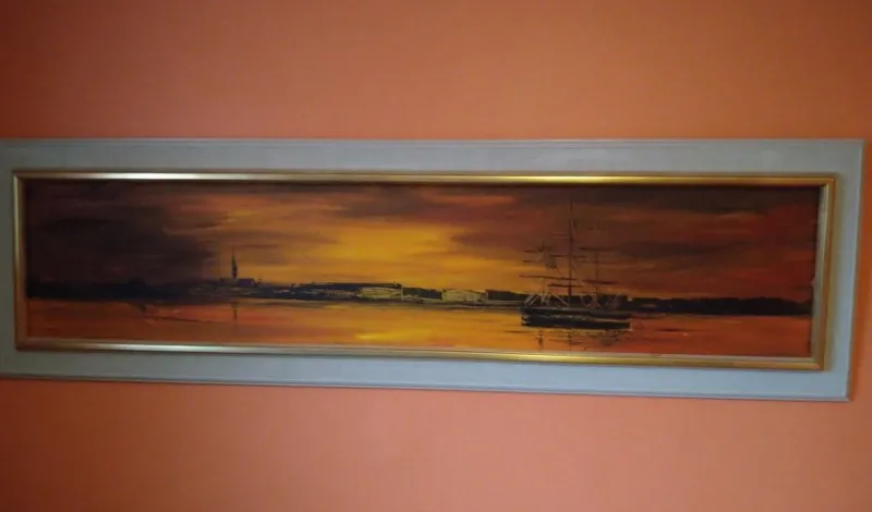 Tradera Oljemålning - Båt i hamn^ Måleri