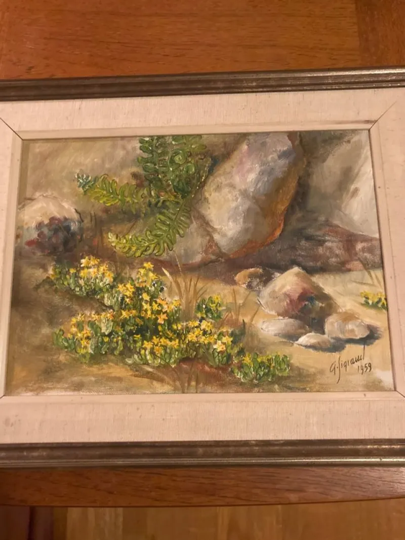 Tradera Oljemålning av Gunvor Sigrand - landskap med blommor^ Måleri