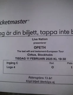 Tradera OPETH på Cirkus. EN biljett Lyxplats> Konserter