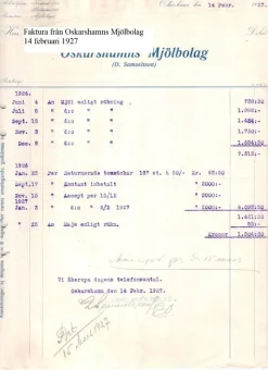 Tradera Oskarshamns Mjölbolag D. Samuelsson Faktura 14 februari 1927 lanthandel Småland^ Fraktsedlar & Fakturor