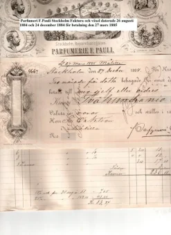 Tradera Fraktsedlar & Fakturor<Parfumeri F.Pauli Stockholm Faktura och växel daterade 1884 och 1885 lanthandel