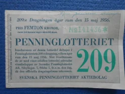 Tradera Lotter & Lottsedlar<Penninglotteriet 15 maj 1956