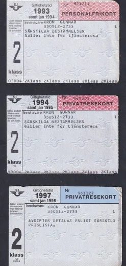 Tradera Järn- & Spårvägsmemorabilia<Personalfrikort 1993 samt Privatresekort 1994 och 1997