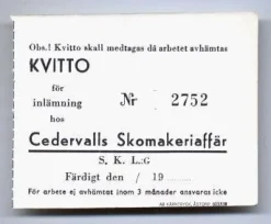 Tradera Övriga Samlarsaker<POLLETT / KVITTO. Cedervalls Skomakeriaffär