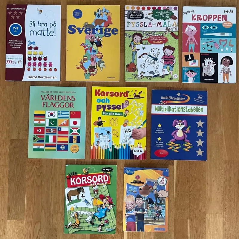 Tradera Pyssel, pysselböcker, korsord, LasseMaja, matte, flaggor, magic stickers> Pyssla & Måla