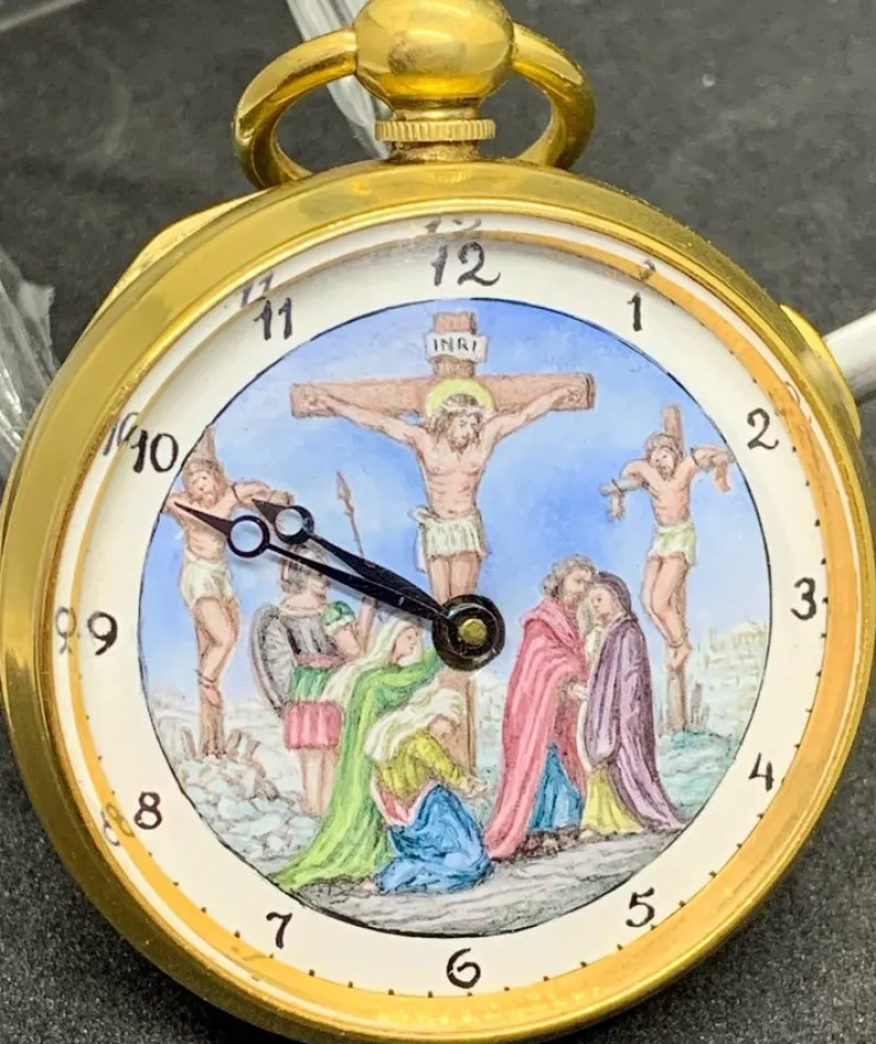 Tradera Quarter repeater med Crucifixion-målning (renoveringsobjekt )^ Fickur