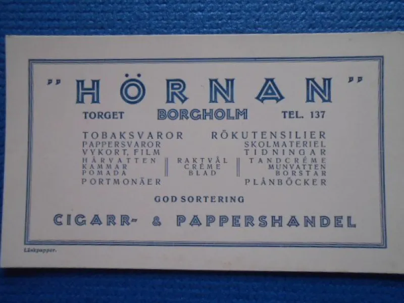 Tradera Tobakiana<Reklamkort/skylt Hörnan Cigarr & Pappershandel Borgholm