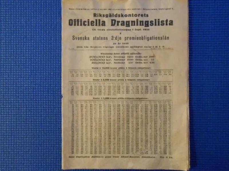 Tradera Lotter & Lottsedlar<Riksgäldskontorets officiella dragningslista sept 1930