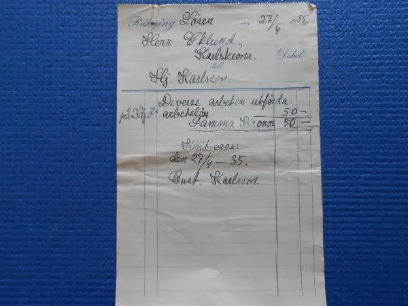 Tradera Räkning från Fabrikör Herr Eklund Karlskrona 1935^ Fraktsedlar & Fakturor