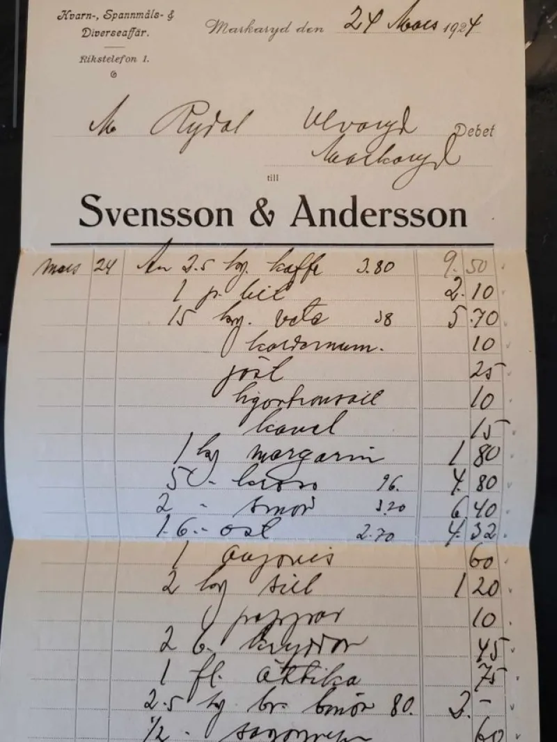 Tradera Fraktsedlar & Fakturor<Räkning Markaryd 1924 Kvarn Spannmåls & Diverseaffär Småland