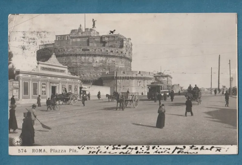 Tradera Världen Utom Norden<Roma, Piazza Pia 1912. Spårvagn och Hästfordon