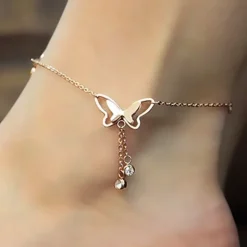 Tradera Fotlänkar<Rosé Guld Fotsmycke Fotlänk Ankellänk Vristlänk Fotkedja - Fjäril & Vita Stenar