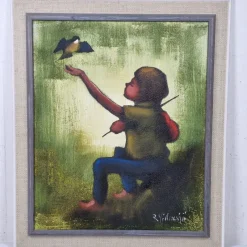 Tradera Rune Jillnesjö - Olja på duk - Barn & fågel^ Måleri