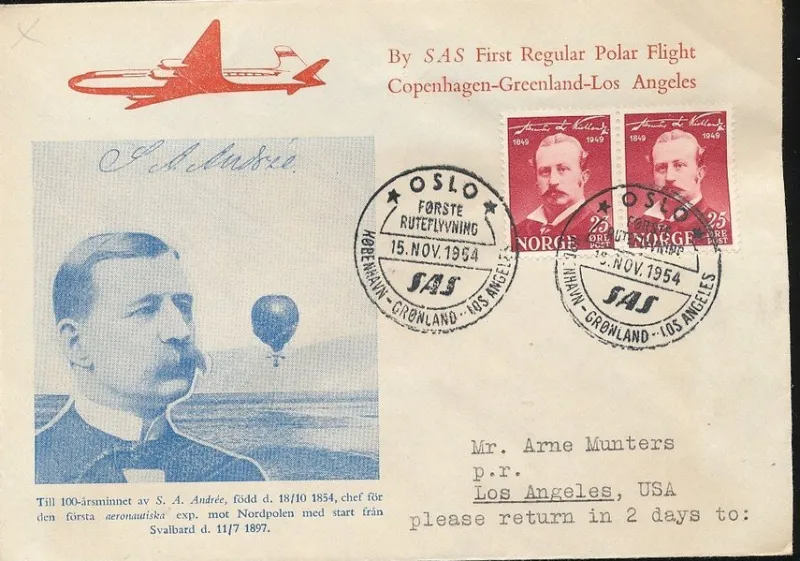 Tradera SAS : Första flygningen över Nordpolen Köpenhamn-Los Angeles 1954.SE BILD!!^ Flyg