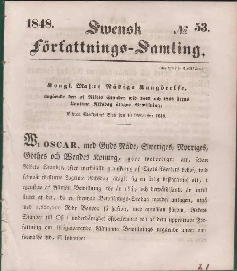 Tradera SFS 1848-53 Af Riksdagen åtagne Bewillning [beskattning]> Antik Litteratur