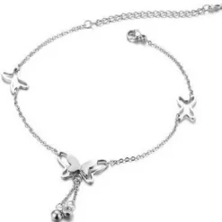 Tradera Fotlänkar<Silver Fotsmycke Fotlänk Ankellänk Vristlänk Fotkedja - Fjäril & Vita Stenar