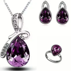 Tradera Smyckespaket<Silver Smyckesset - Halsband, Örhängen & Ring - Mörk Lila Droppe -Silverpläterat