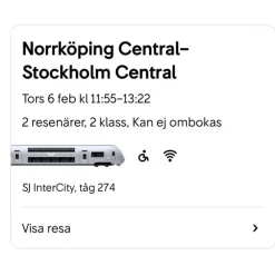 Tradera SJ tågbiljetter Norrköping Central -Stockholm Central tur/retur vuxen/barn> Buss- & Tågbiljetter