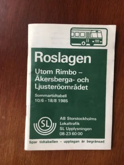Tradera Tidtabeller<SL tidtabell Roslagen från 10.6-18.8 1985