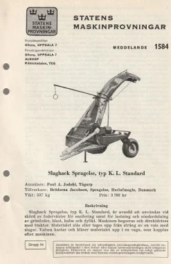 Tradera Slaghack Spragelse typ K.L. Standard test statens maskinprovningar^ Jordbruksmaskiner