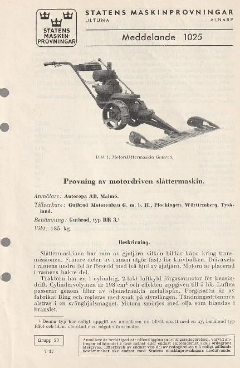 Tradera Slåttermaskin Gutbrod RR 3 test statens maskinprovningar^ Jordbruksmaskiner