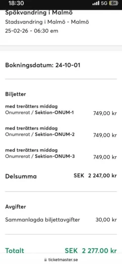 Tradera Spökvandring för 3st med 3-rättermiddag Malmö 26/2 (UTSÅLDA SEN INNAN!)> Upplevelser