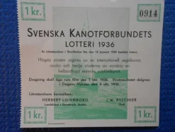 Tradera Lotter & Lottsedlar<Svenska kanotförbundet lotteri 1936. Max Anderssons kanotbyggeri Västerås