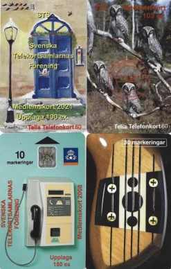 Tradera Telefonkort<Svenska Telekortsamlarnas Förenings medlemskort 2008, 2017, 2018 och 2021